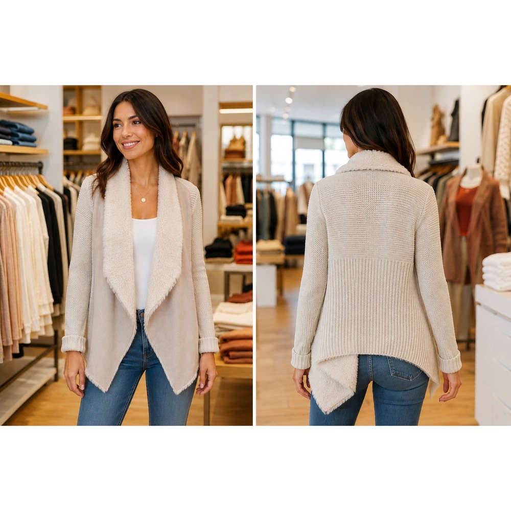 Chelsea & Theodore Oyster Faux Shearling Suede Ribbed Knit Open Cardigan Small